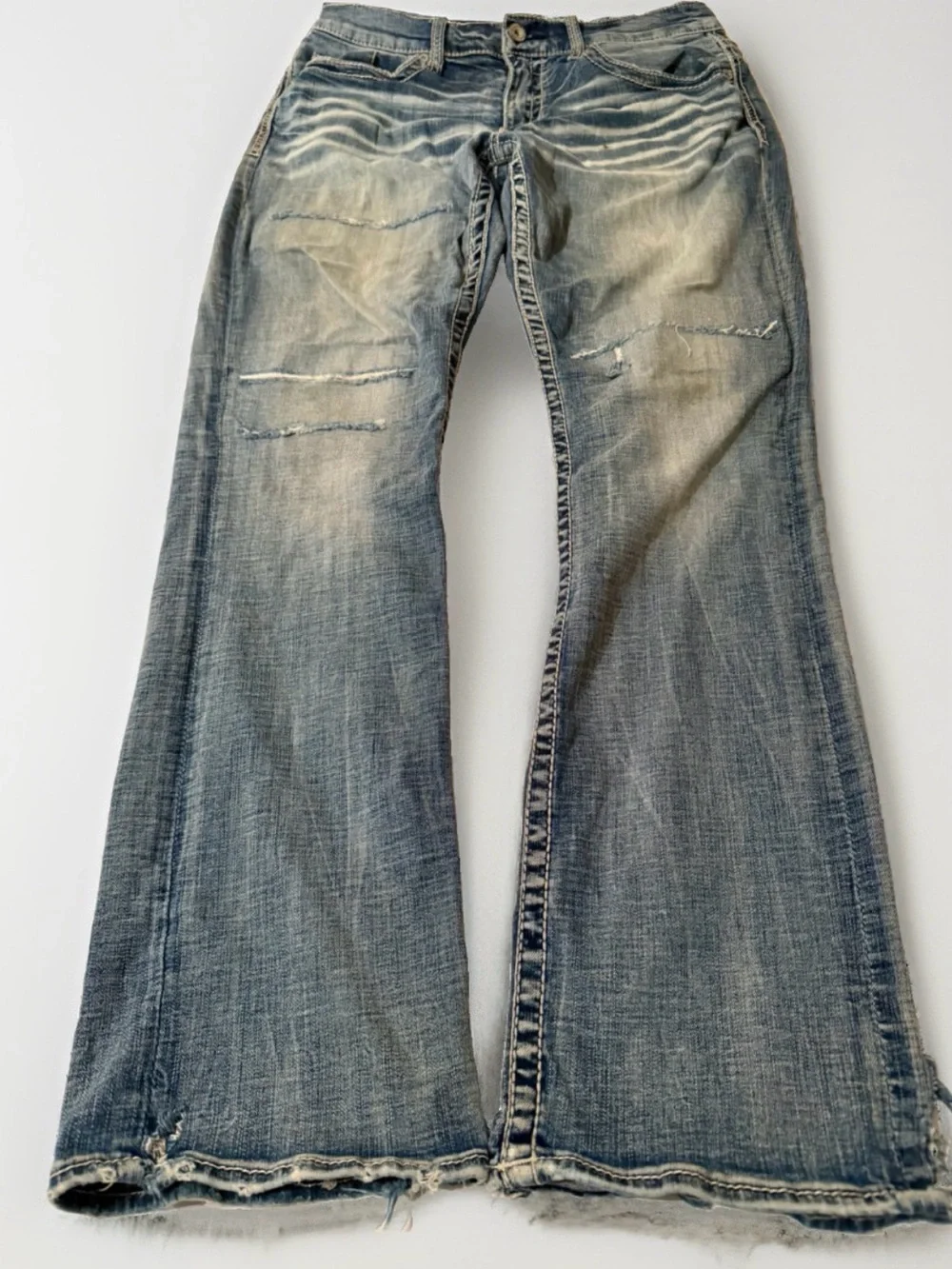 BKE Jake Jeans Mens 34x32 Dark Wash Straight Stretch Denim Whiskers Thrashed